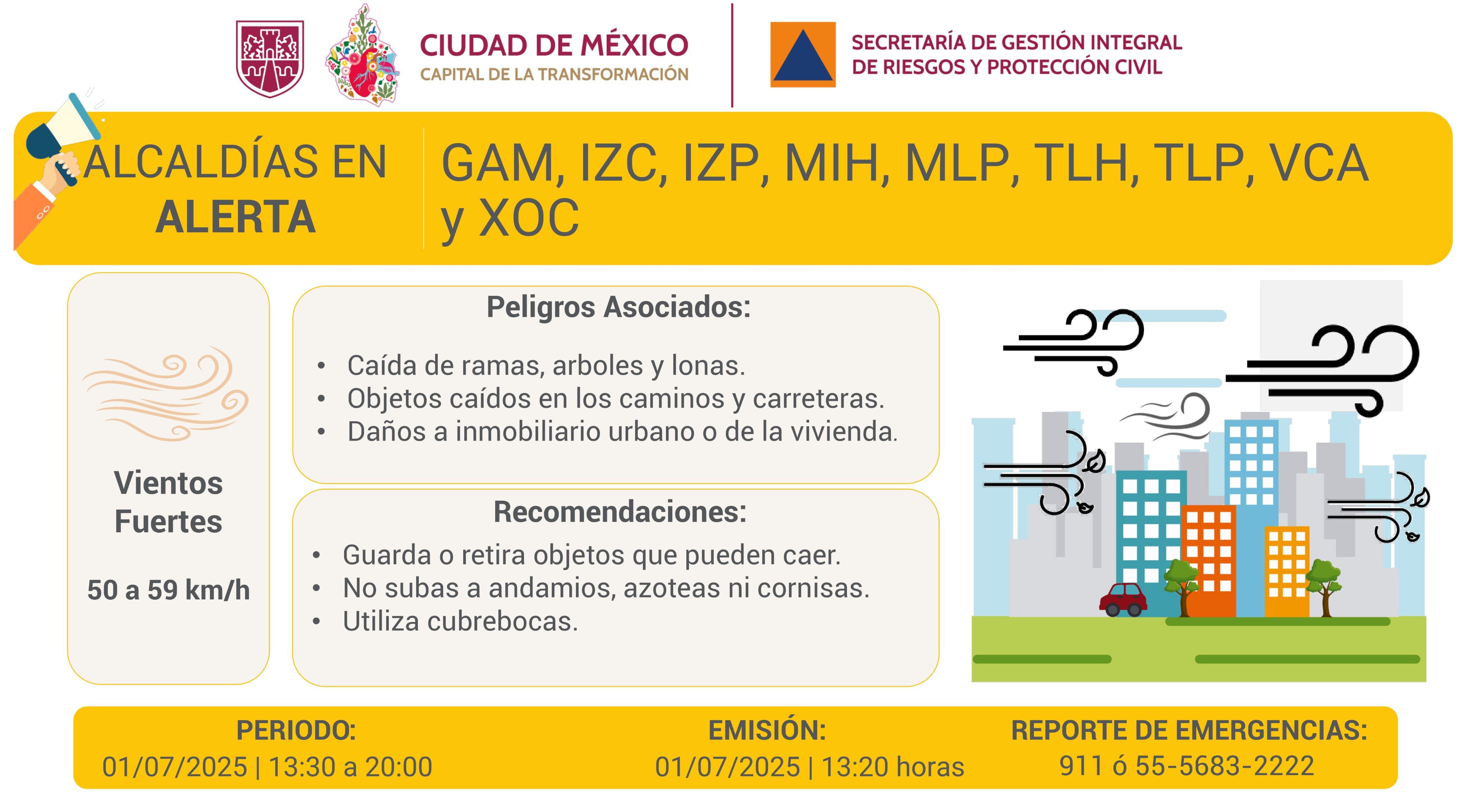 Activan alerta amarilla por pronóstico de vientos fuertes en CDMX