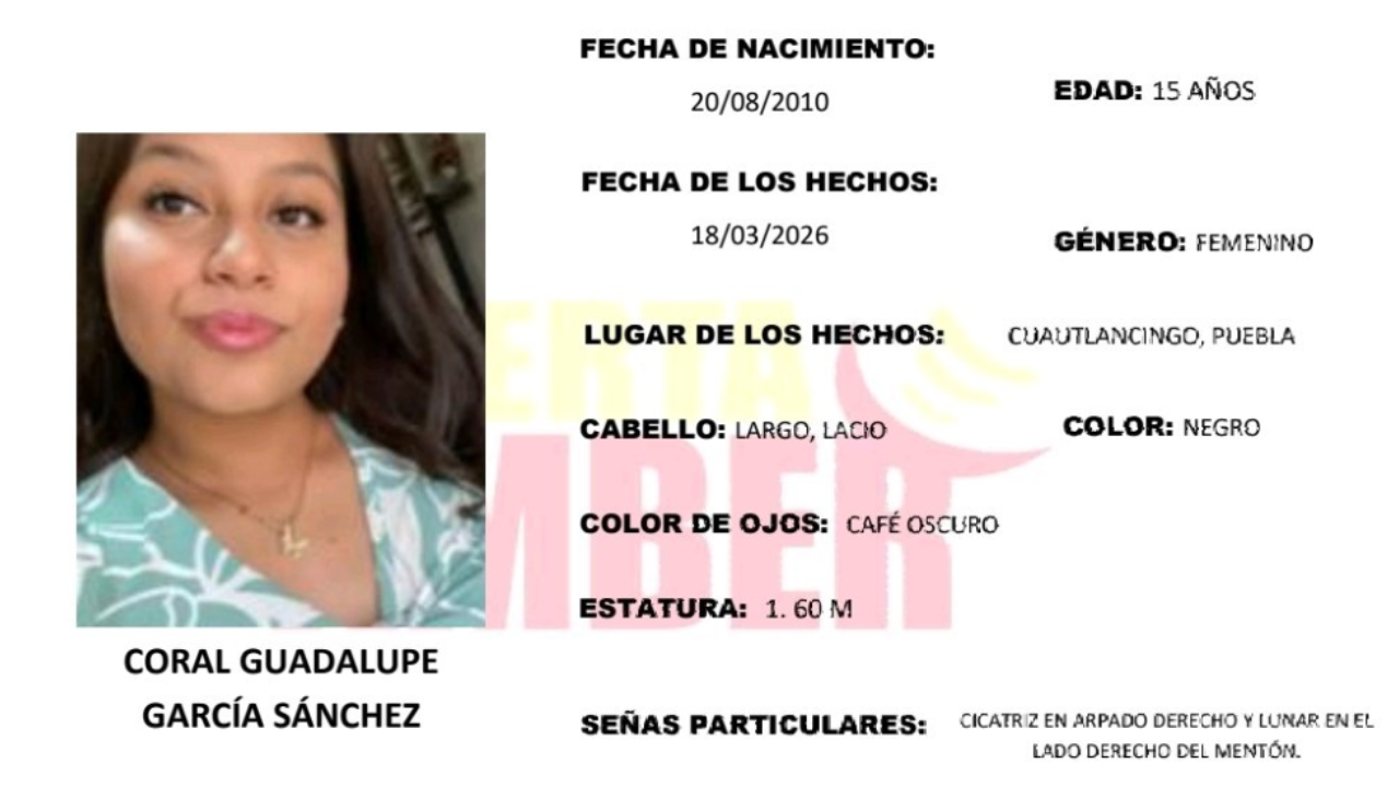 Lanzan ALERTA AMBER en Puebla: Desaparece Coral Guadalupe García en Cuautlancingo