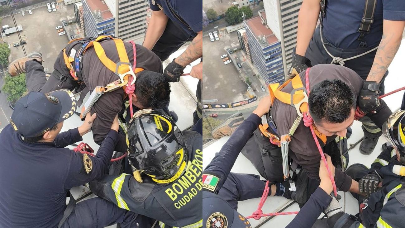 VIDEO: Rescatan a limpiador de vidrios atrapado a más de 30 pisos en edificio de Paseo de la Reforma, CDMX