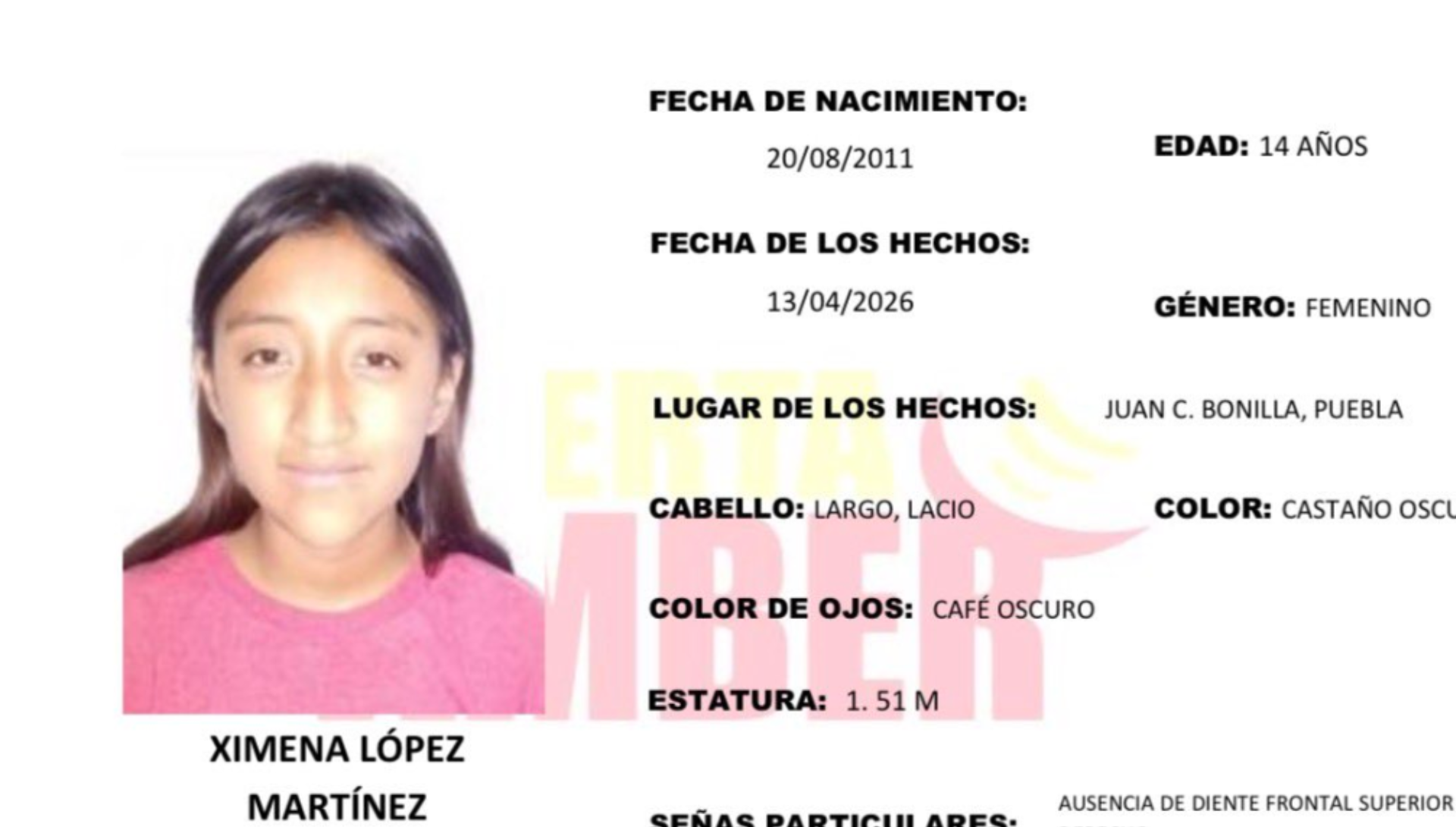 Reportan como desaparecida a Ximena López Martínez, menor de 14 años, en Juan C. Bonilla, Puebla