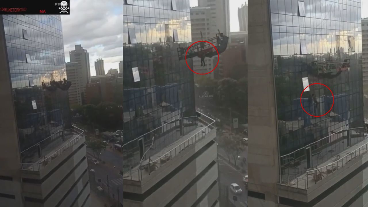 Video Hombre casi cae de un andamio desde un edificio