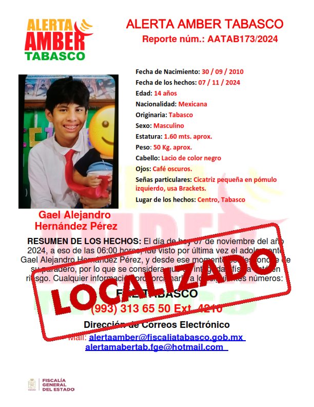 ALERTA AMBER TABASCO 2024: Gael Alejandro fue localizado
