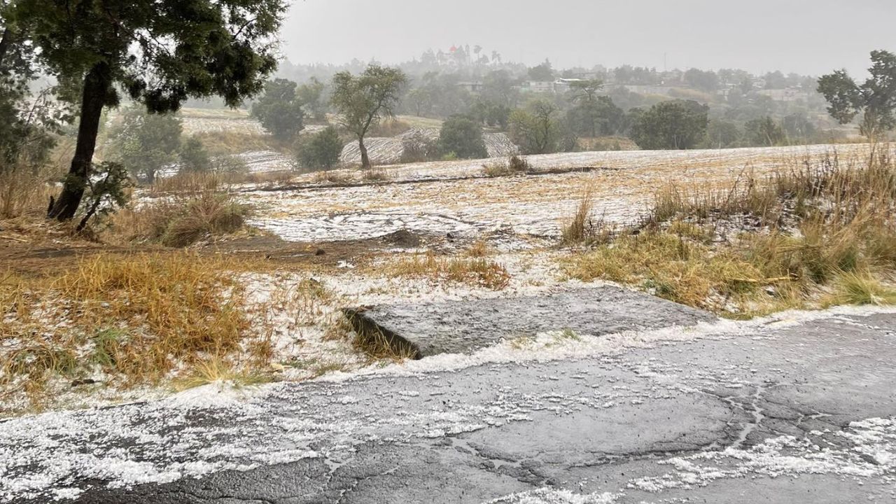 VIDEO: Captan fuerte granizada y tormenta en Puebla hoy; cubrió cultivos y caminos en Aljojuca