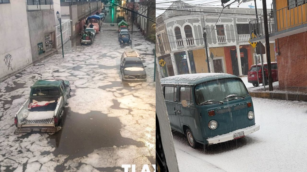 FOTOS: Intensa granizada cubre calles de Nanacamilpa hoy; reportan afectaciones urbanas
