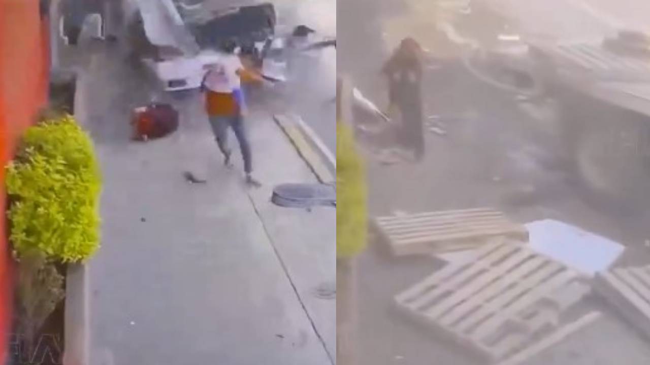 Camión pierde el control y casi atropella a una familia en la banqueta