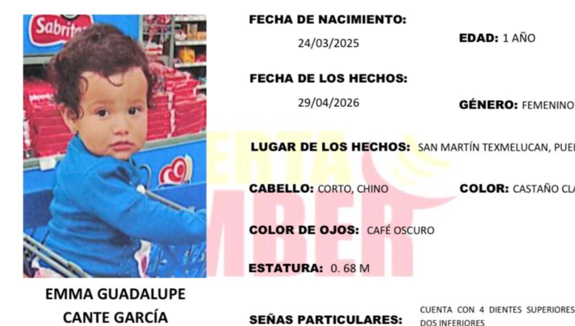 Activan ALERTA AMBER en Puebla por la desaparición de una menor de 1 año