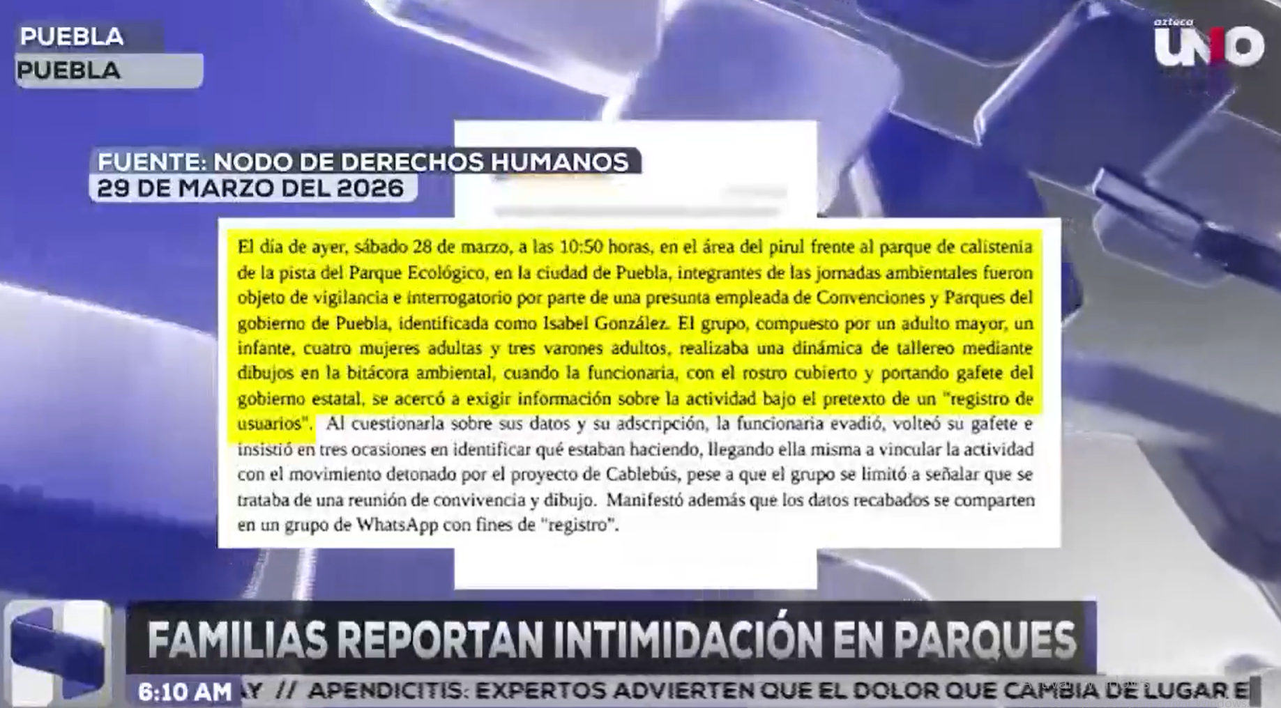 Poblanos denunciaron intimidación por parte de funcionarios del gobierno del Estado hacia quienes ejercen su derecho a la libre reunión en parques que serán afectados por el cablebús