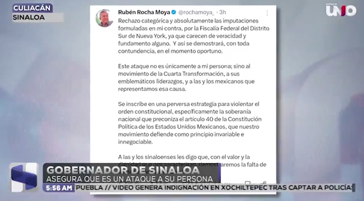 Gobernador de Sinaloa rechaza imputaciones en su contra; esto fue lo que dijo