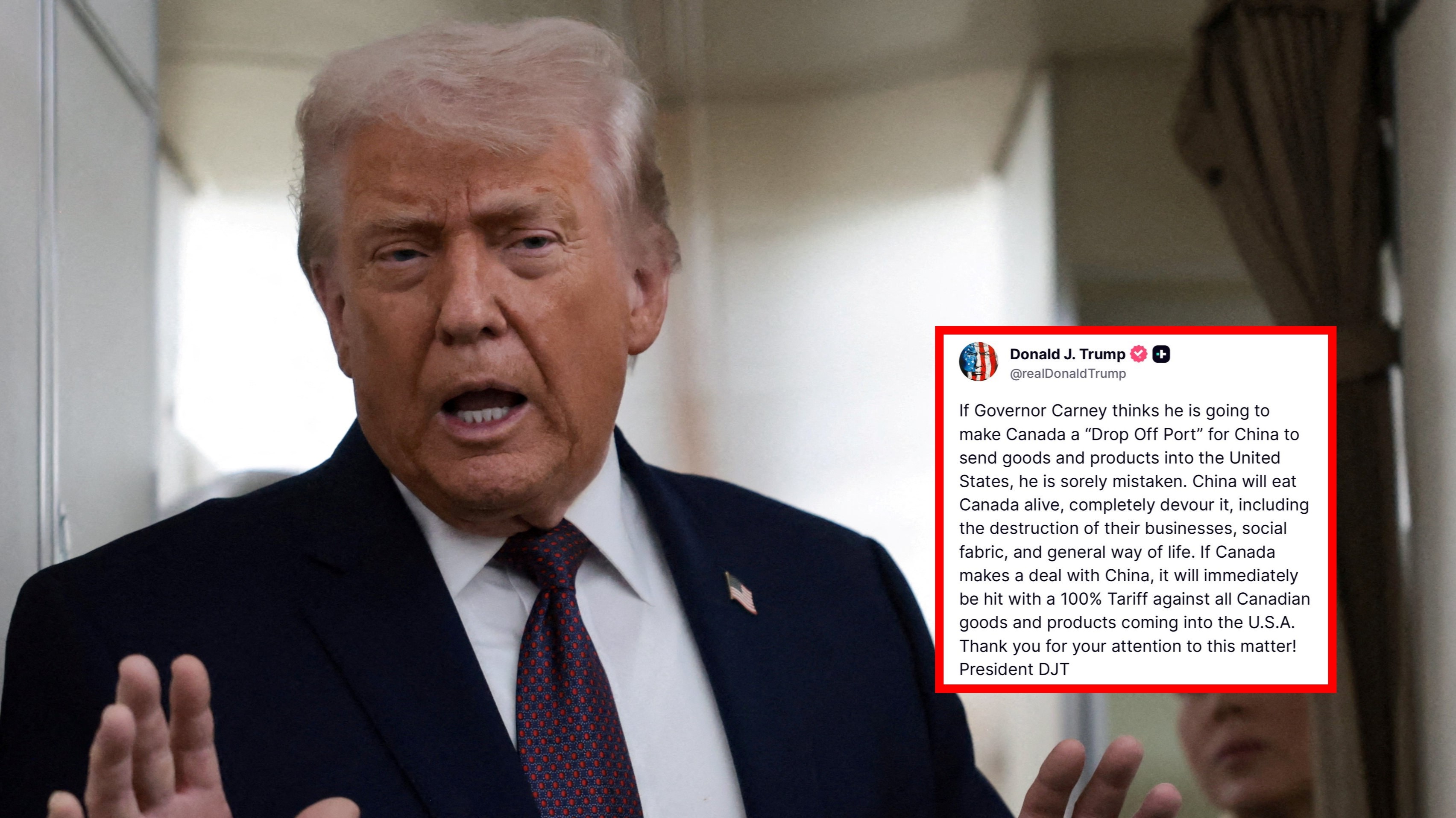 Trump amenaza con aranceles del 100% a Canadá por posible acuerdo con China