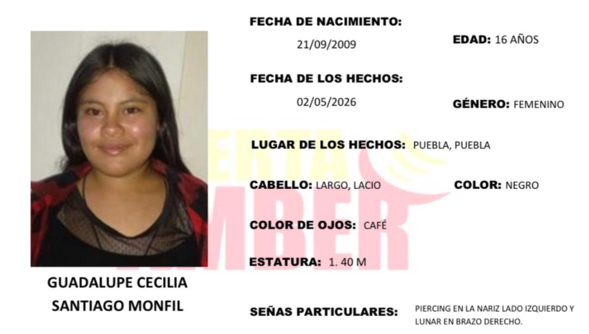 Activan Alerta Amber en Puebla por la desaparición de Guadalupe Cecilia Santiago