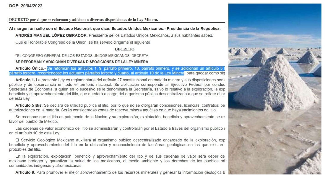 ¡El litio ya es de México! Publican la Ley Minera en el DOF