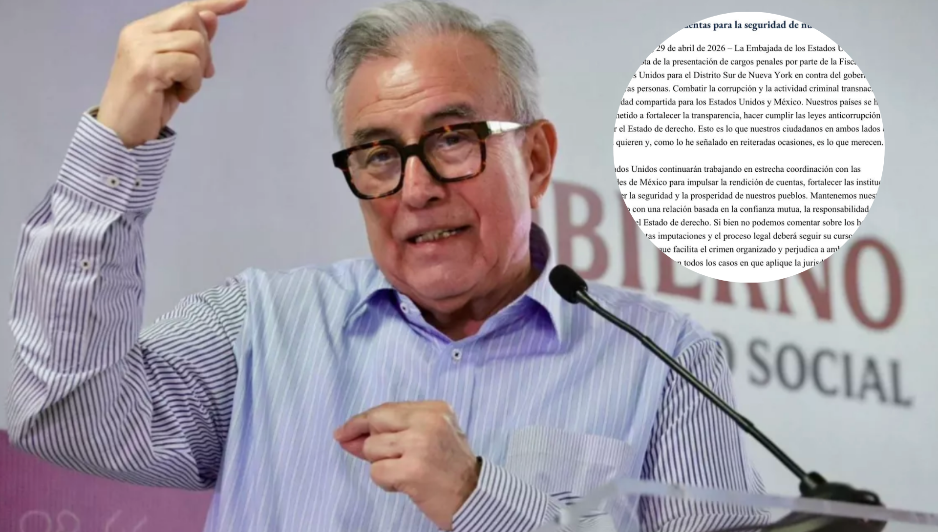 Por un comunicado, así se enteró Rubén Rocha Moya de las acusaciones de EU en su contra