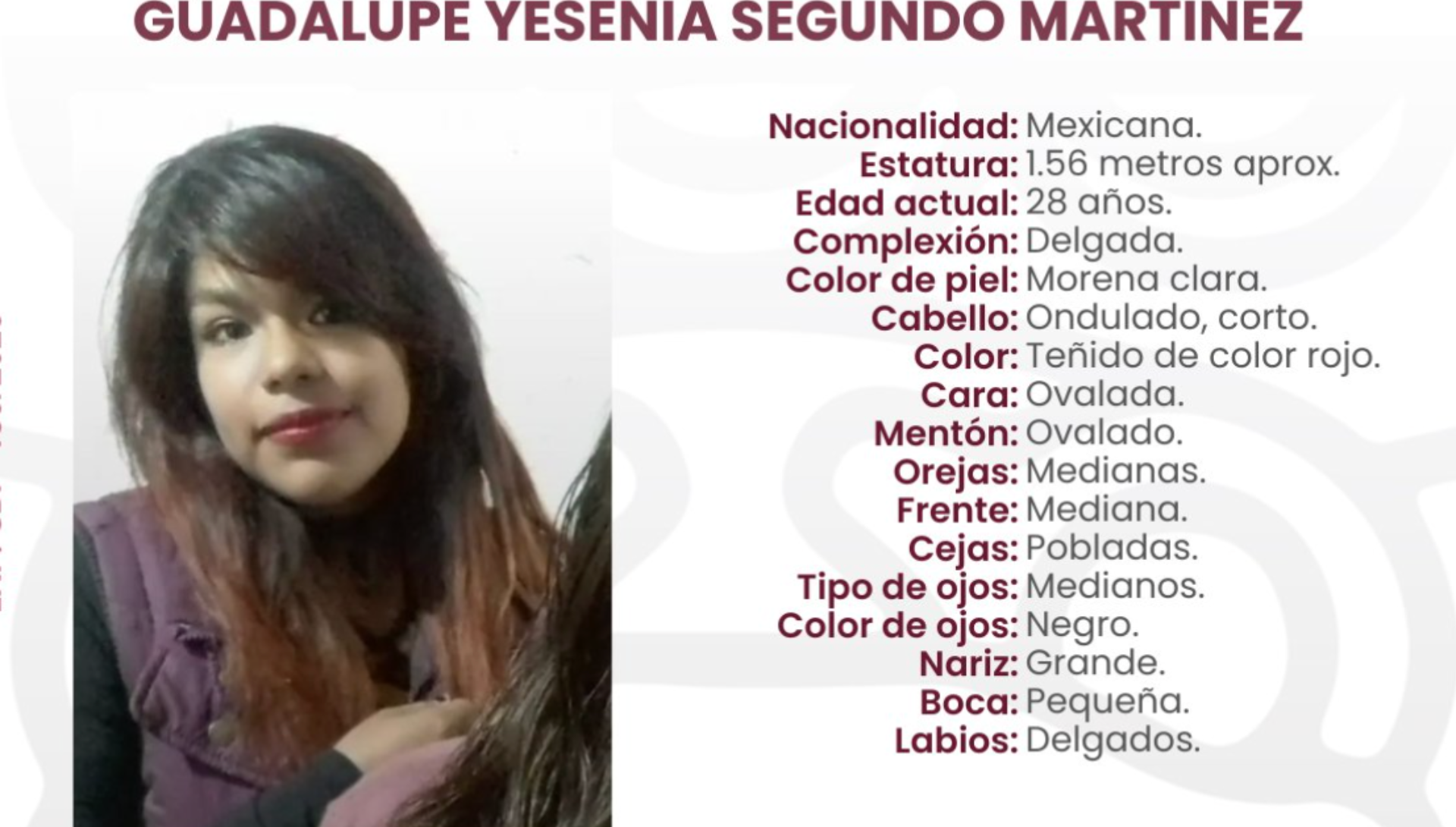 Emiten ficha de búsqueda de Guadalupe Yesenia Segundo, desaparecida en Tepeaca, Puebla