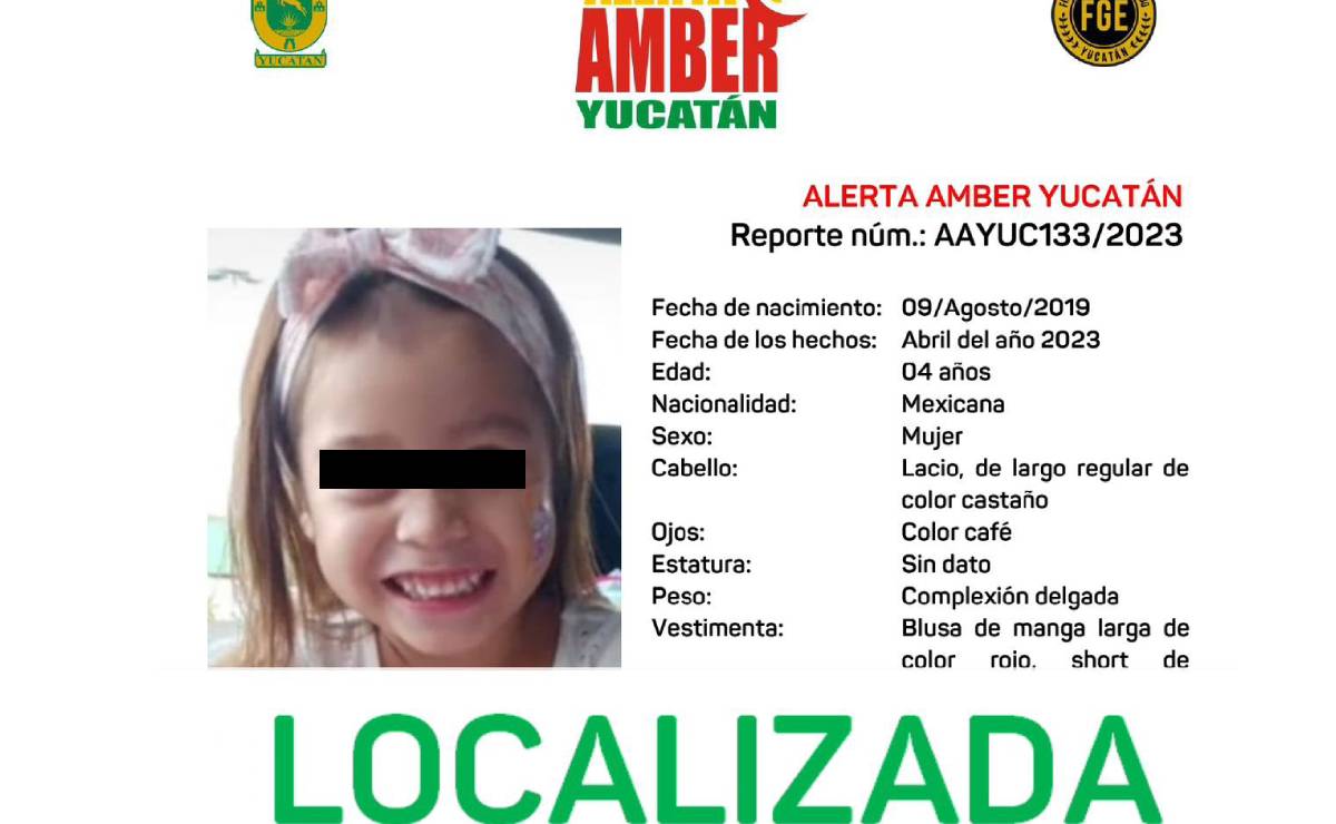 Desactivan Alerta Amber tras aparición de menor de 4 años en Yucatán