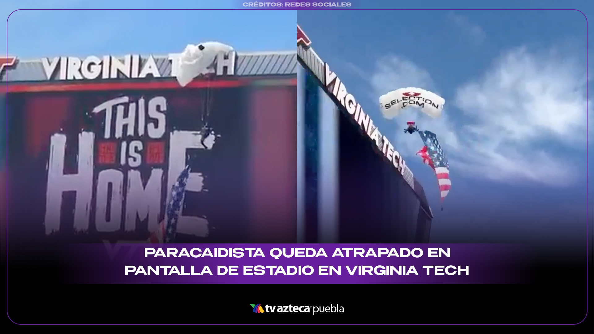 Paracaidista queda atrapado en pantalla de estadio en Virginia Tech por fuertes vientos