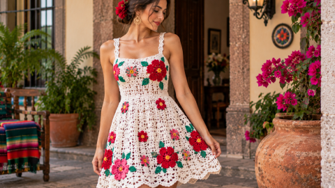Vestido de crochet blanco con flores mexicanas