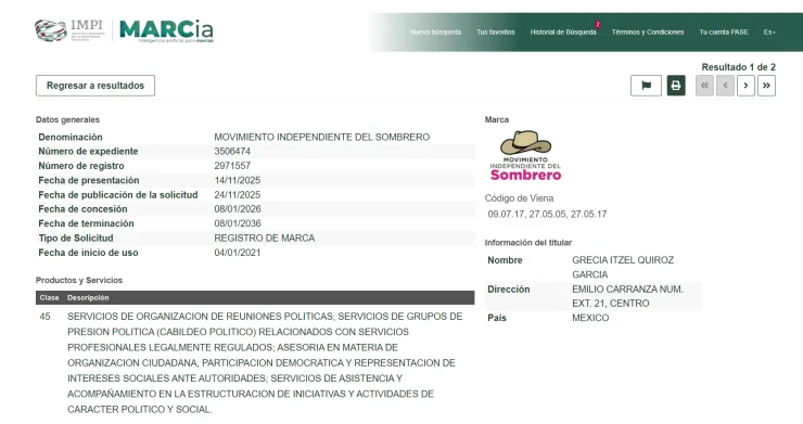 Grecia Quiroz, alcaldesa de Uruapan, Michoacán, obtiene del IMPI el registro de las marcas “Carlos Manzo” hasta 2036