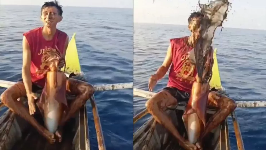 En VIDEO grotesco, pescador golpea a un calamar y este le arroja tinta directamente a la cara; le salpicó la boca