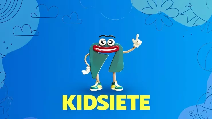 Personaje animado infantil combiando el logo de Azteca 7 con manos, pies y cara del canal KidSiete