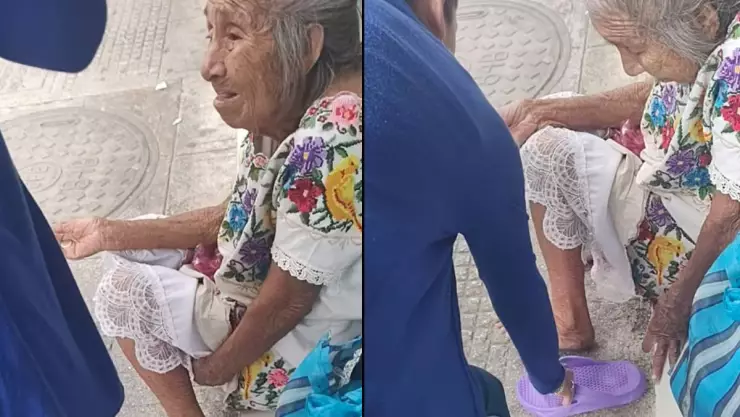 Mujer conmueve al regalar chanclas a abuelita abandonada en calles de Mérida