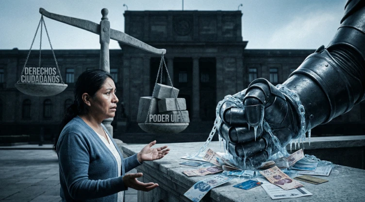 Una imagen conceptual y dramática que ilustra el desequilibrio de poder en el sistema financiero. En primer plano, una persona común (un ciudadano o pequeño empresario, de aspecto preocupado y vulnerable) está de pie ante un mostrador de banco que parece de piedra, antiguo y frío. La persona tiene sus manos vacías y extendidas sobre el mostrador en un gesto de desesperación.
Desde el lado opuesto del mostrador (el lado de la autoridad), una mano gigantesca, blindada, de aspecto metálico y oscuro (representando a la UIF y el poder estatal), cae con fuerza, aplastando y congelando un fajo de billetes y tarjetas bancarias que están sobre la superficie. De la mano blindada emanan cadenas simbólicas de hielo que se extienden hacia el sistema financiero.
Al fondo, una balanza de la justicia de piedra está visiblemente inclinada, con el platillo que dice “DERECHOS CIUDADANOS” vacío y elevado, mientras que el platillo que dice “PODER UIF” está en el suelo, pesado y sobrecargado. Detrás de la balanza, un edificio oscuro y monumental (que sugiere un palacio de justicia o gobierno) proyecta una sombra larga y fría sobre el ciudadano. El ambiente es sombrío, con iluminación de claroscuro para resaltar la tensión y la soledad del individuo.
