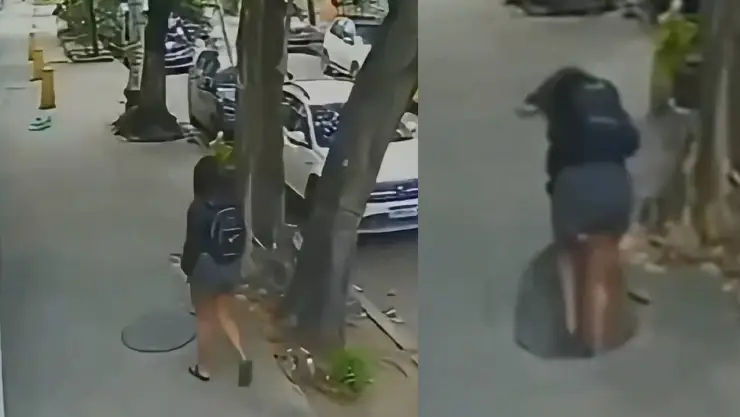¡Se la tragó! Mujer cae a una alcantarilla mal puesta en la calle