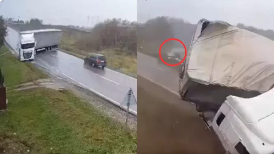 VIDEO | Tráiler pierde el control en una curva y aplasta una camioneta dejándola destruida: Murieron 2 personas