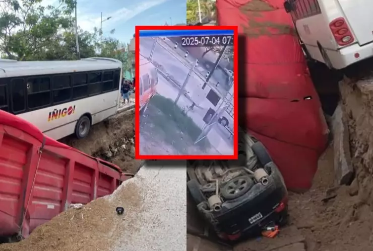 VIDEO del momento exacto en que socavón se ‘traga’ a tráiler y camioneta en Guadalajara