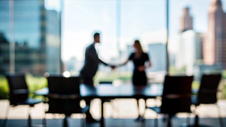 Jefa y empleado estrechan manos en oficina