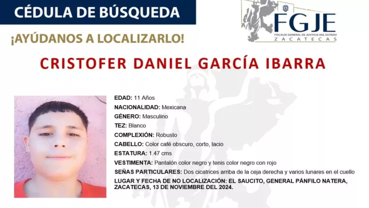 Alerta AMBER Zacatecas Desaparece Cristofer Daniel García Ibarra de 11 años; esto es lo que se sabe