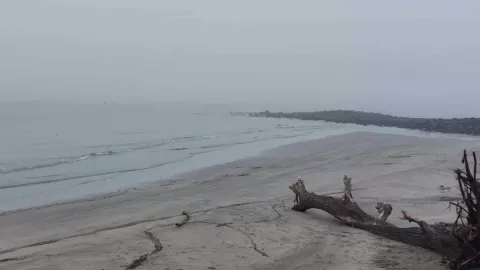 Por neblina se oculta la Isla de Sacrificios durante el amanecer del último viernes del 2024