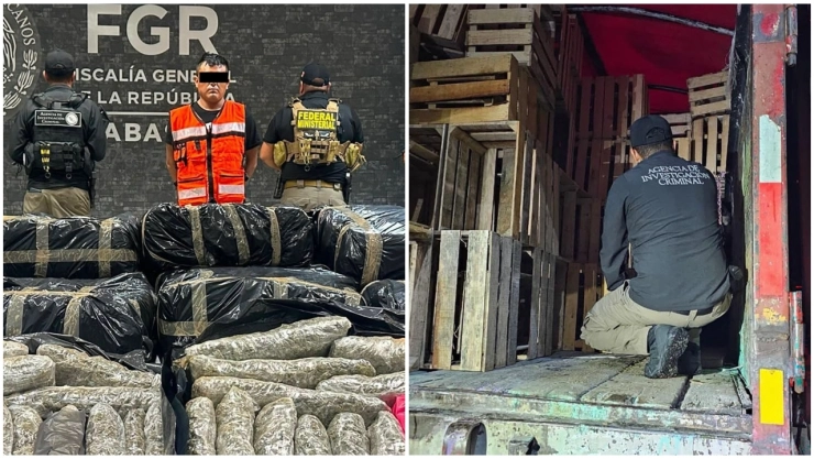Descubren 1.2 toneladas de marihuana en huacales en camión de carga.