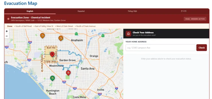 Mapa de evacuaciones masivas en el condado de Orange en el estado de California ante fuga de químico