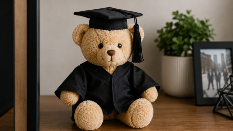 Peluche de graduación, toga y birrete a escala