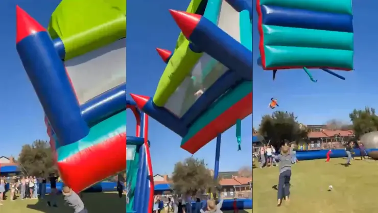 Inflable sale volando con dos niños adentro en Sudáfrica