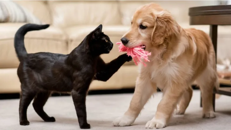 Un gato y un perro juegan con un objeto rosa.