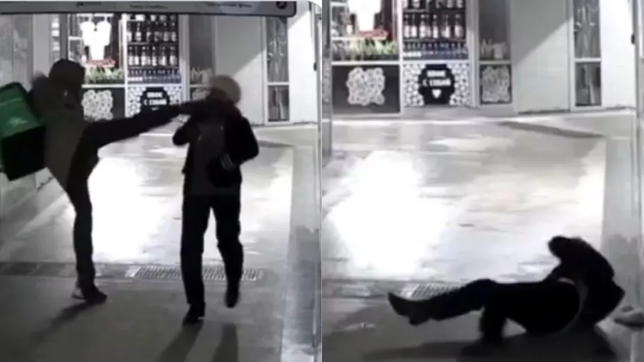 ¡Indignante VIDEO! Repartidor de plataforma patea brutalmente la cara de una abuelita en pleno centro comercial