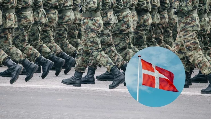Imágenes de militares con botas y uniforme verde de camuflaje y de la bandera de Dinamarca.