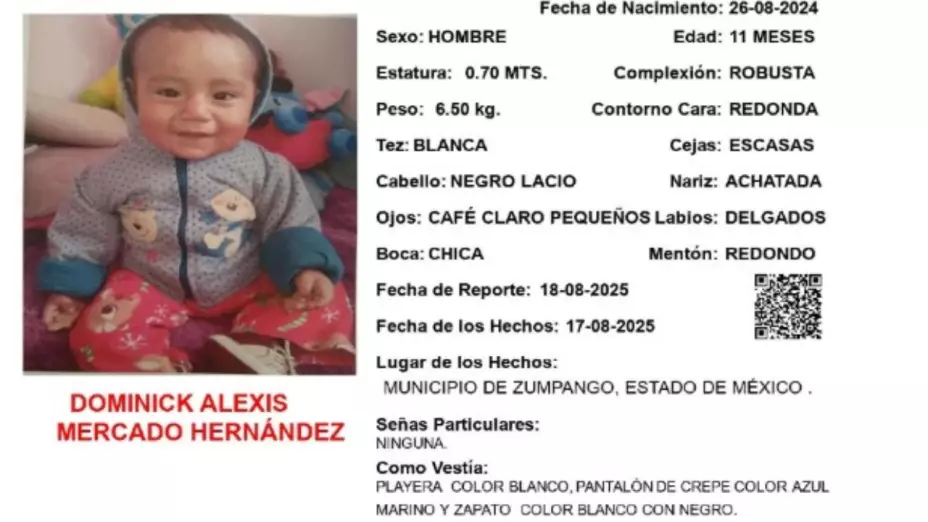 Activan Alerta Amber urgente en el Edomex tras desaparición de dos menores; temen por sus vidas. En la imagen se observa la ficha de búsqueda de Dominick Mercado Hernández, menor de 11 meses que desapareció en Zumpango.