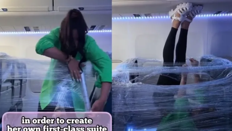 VIDEO Mujer envuelve asientos con plástico en avión