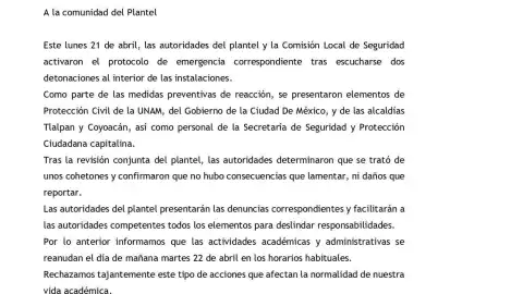 UNAM habla sobre la explosión en la Prepa 5