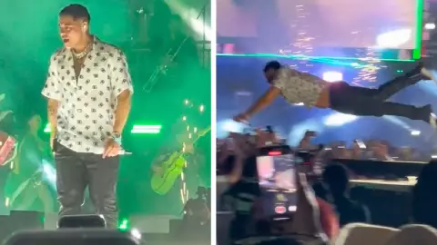 Video Eduin Caz, vocalista de Grupo Firme, se avienta al público y nadie lo atrapa 👀