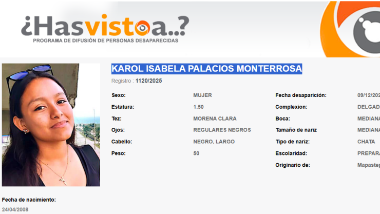 ALERTA AMBER CHIAPAS: Karol Isabela Palacios Monterrosa desapareció en Mapastepec