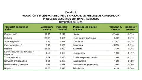 ¿Qué productos bajaron de precio en noviembre 2024?