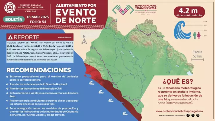 Protección Civil alerta por Evento de Norte y olas de más de 4 metros para esta región de Chiapas