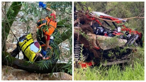 Búsqueda urgente de mujer y menor tras volcadura de racer en río Chilarejo en Arandas, Jalisco. En la imagen se observa a los elementos de Protección Civil realizando el rescate de personas en el interior del vehículo racer.