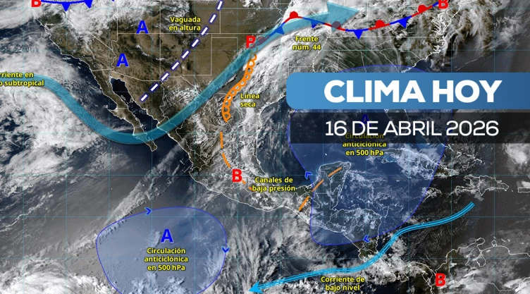 Imagen satelital con superposición gráfica que detalla el pronóstico del clima para el 16 de abril de 2026 en México y América Central. Un banner azul en la parte superior derecha dice: “CLIMA HOY 16 DE ABRIL 2026". El mapa está superpuesto con varias formaciones meteorológicas y texto descriptivo. De izquierda a derecha, arriba: “Vaguada en altura” y “Frente núm. 44". A lo largo de la costa occidental: “Corriente en chorro subtropical” y “Línea seca”. En el centro: “B” y “Canales de baja presión”. En el sur, se identifican dos áreas como “A Circulación anticiclónica en 500 hPa” y “A Circulación anticiclónica en 500 hPa”, junto con “Zona de convergencia Intertropical”, “Corriente de bajo nivel” y “B”. El mapa base muestra nubes y características terrestres.