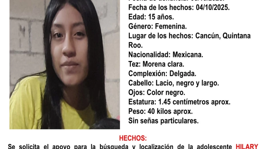 ¡Alerta Amber! Buscan a Hilar Aracely Kuyouc de 15 años, desaparecida en Cancún