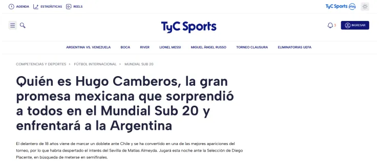 TyC Sports sobre Hugo Camberos