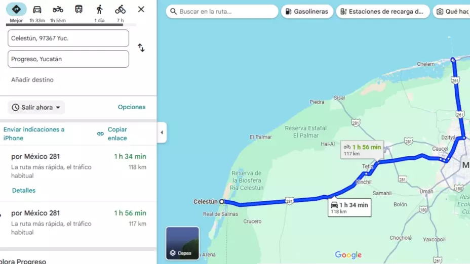 Mapa de Progreso a Celestún en Yucatán